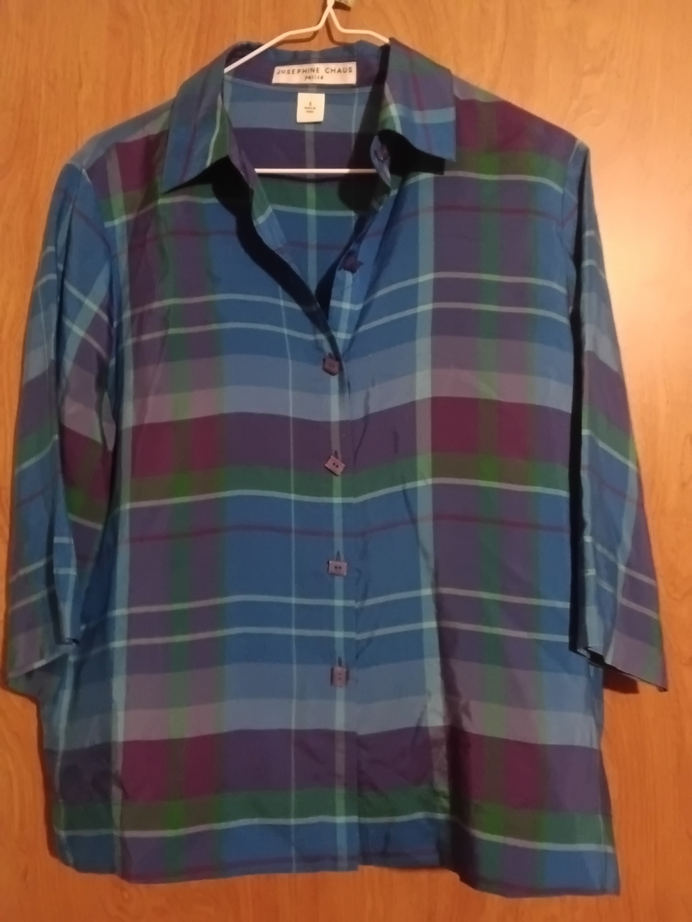Josephine Chaus Blue, Green and Purple Plaid Button-Front Shirt 100%Silk